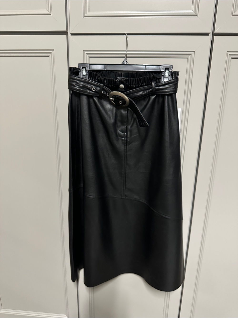 Blank NYC Black Faux Leather Midi Skirt with Belted Paperbag Waist